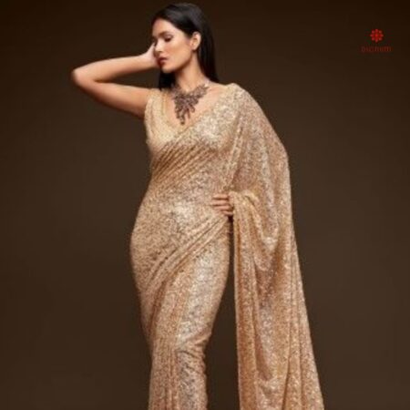 Buy Online Sepia Beige Pure Georgette Sequins Embroidered Saree