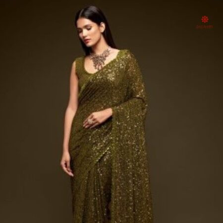 Buy Online Olive Green Pure Georgette Sequins Embroidered Saree