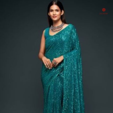 Buy Online Olympic Blue Pure Georgette Sequins Embroidered Saree