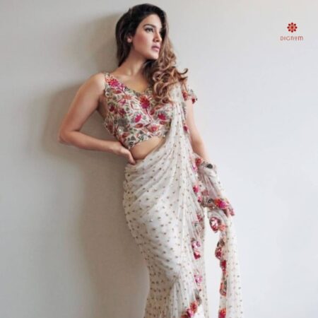 Buy Online Pearl White Pre Draped Saree with Embroidered Blouse