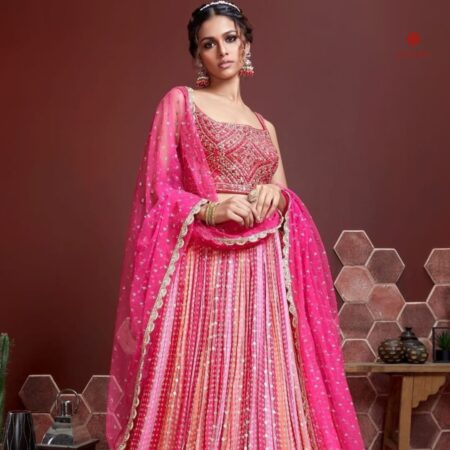 Buy Online Cerise Pink Embroidered Silk Lehenga Set