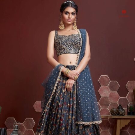 Buy Aegean Blue Embroidered Silk Lehenga Set