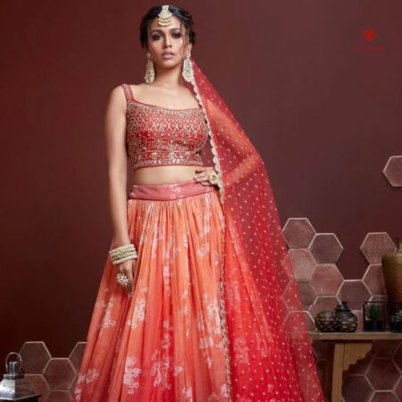 Buy Online Pastel Orange Embroidered Silk Lehenga Set