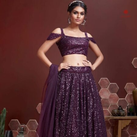 Buy Online Byzantium Purple Embroidered Net Lehenga Set