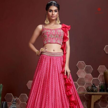 Buy Online Raspberry Pink Embroidered Silk Lehenga Set