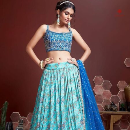 Buy Online Sky Blue Embroidered Silk Lehenga Set
