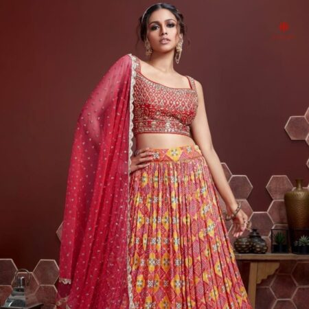 Buy Online Multicolor Embroidered Silk Lehenga Set