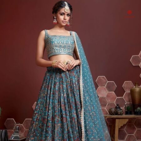 Buy Online Light Sapphire Blue Embroidered Silk Lehenga Set