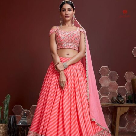 Buy Online Salmon Pink Embroidered Silk Lehenga Set