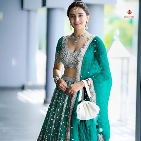 Buy Online Bright Turquoise Net Embroidered Lehenga Set
