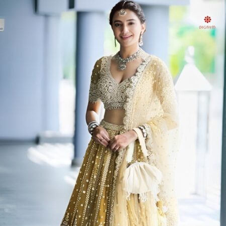 Buy Online Mellow Yellow Net Embroidered Lehenga Set