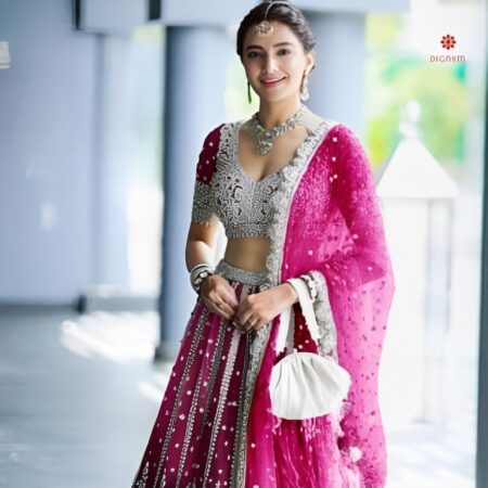 Buy Online Electric Pink Net Embroidered Lehenga Set