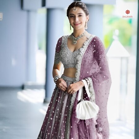 Buy Online Mauve Taupe Net Embroidered Lehenga Set