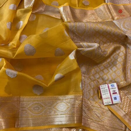 Buy Online Golden Yellow Organza Saree with Banarasi Border