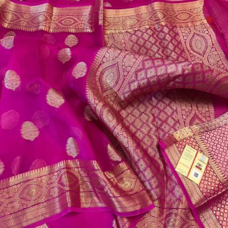 Buy Online Hot Pink Organza Saree with Banarasi Border