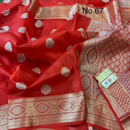 Buy Online Carmine Red Organza Saree with Banarasi Border