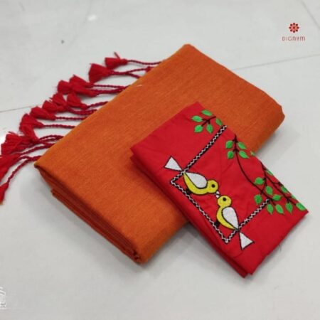 Buy Online Orange Pure Khadi Cotton Saree