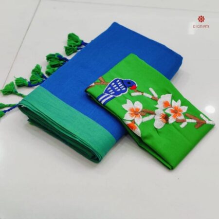 Buy Online Blue Pure Khadi Cotton Saree
