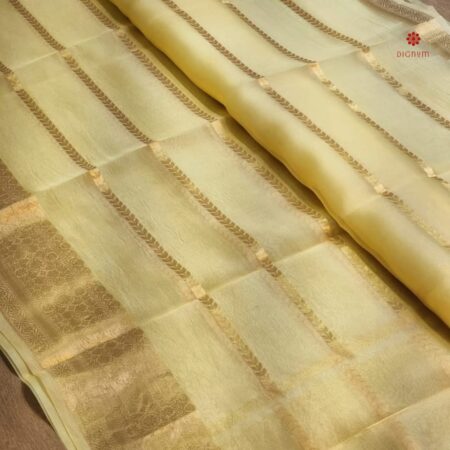 Buy Online Mellow Yellow Banarasi Kora Organza Silk Saree