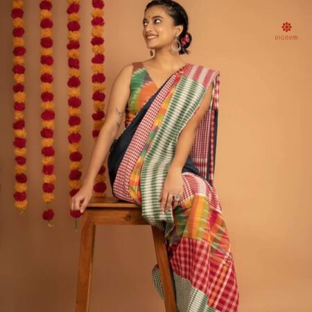 Buy Online Black and Multicolor Soft Khadi Cotton Kotki Saree