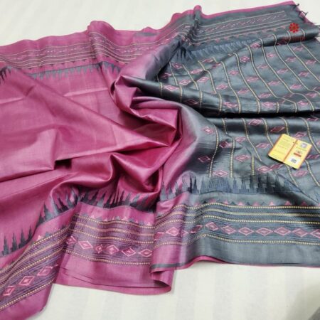 Buy Online Amaranth Pink Pure Tussar Silk Embroidered Saree