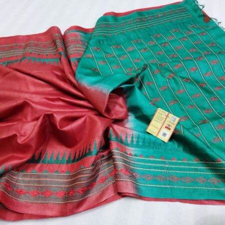 Buy Online Poppy Red Pure Tussar Silk Embroidered Saree