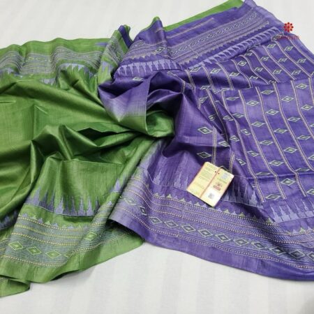 Buy Online Green Pure Tussar Silk Embroidered Saree
