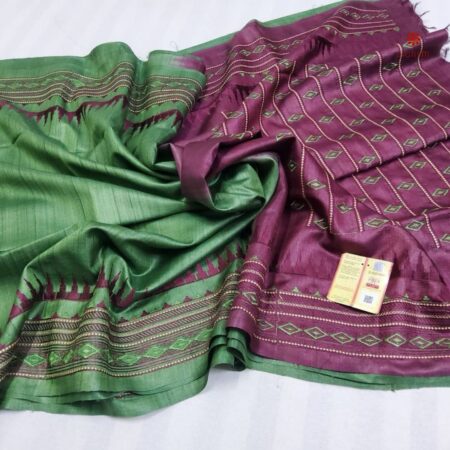 Buy Online Emerald Green Pure Tussar Silk Embroidered Saree