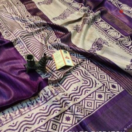 Buy Online Purple White Printed Zari Tussar Ghicha Silk Saree