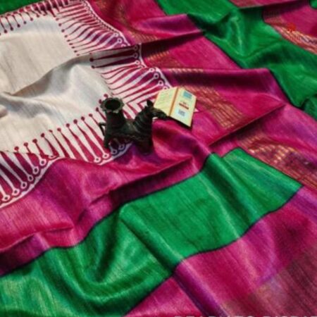 Buy Online Tricolor Printed Zari Tussar Ghicha Silk Saree