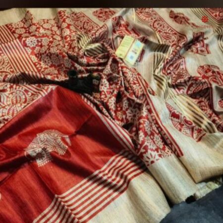 Buy Online Apple Red Printed Zari Tussar Ghicha Silk Saree