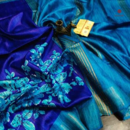 Buy Online Royal Blue Printed Zari Tussar Ghicha Silk Saree