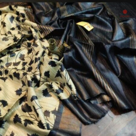 Buy Online Pearl White Printed Zari Tussar Ghicha Silk Saree