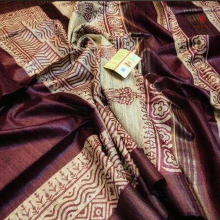 Buy Online Wine Printed Zari Tussar Ghicha Silk Saree