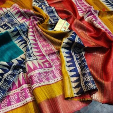 Buy Online Multicolor Printed Zari Tussar Ghicha Silk Saree