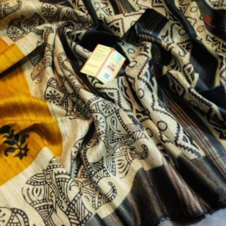 Buy Online Yellow Printed Zari Tussar Ghicha Silk Saree