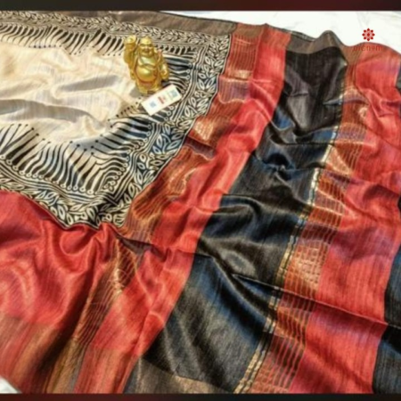 Tricolor Printed Zari Tussar Ghicha Silk Saree