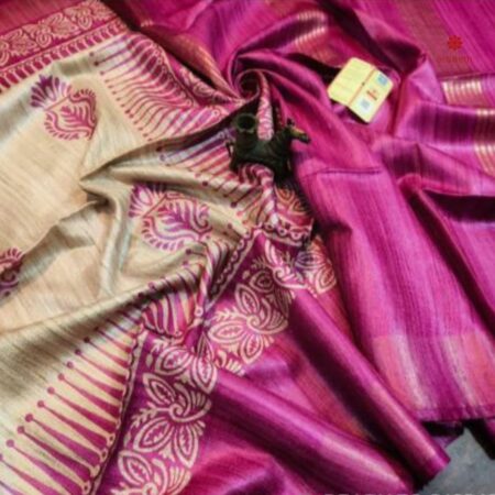 Buy Onlnie Pink White Printed Zari Tussar Ghicha Silk Saree