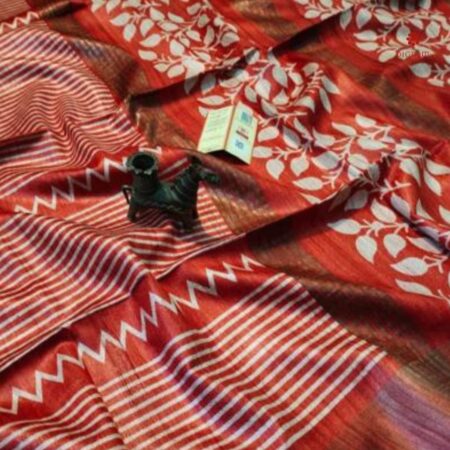 Buy Online Red White Printed Zari Tussar Ghicha Silk Saree