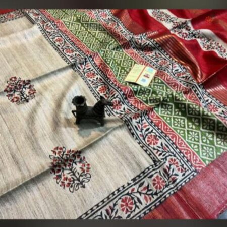 Buy Online Pearl White Printed Zari Tussar Ghicha Silk Saree