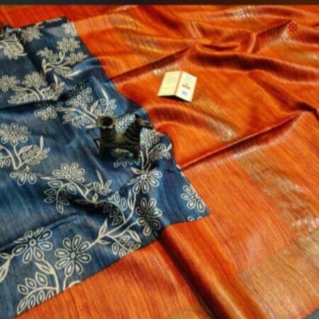 Buy Online Grey Orange Printed Zari Tussar Ghicha Silk Saree