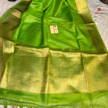 Buy Online Kelly Green Pure Linen Banarasi Saree