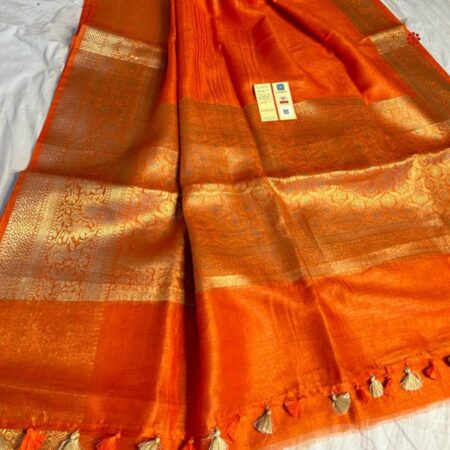 Buy Online Dark Orange Pure Linen Banarasi Saree