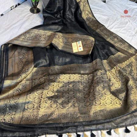 Buy Online Raven Black Pure Linen Banarasi Saree