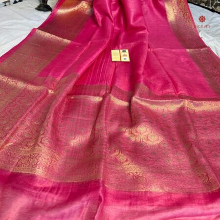 Buy Online Magenta Pink Pure Linen Banarasi Saree