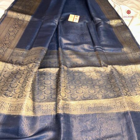 Buy Online Slate Grey Pure Linen Banarasi Saree