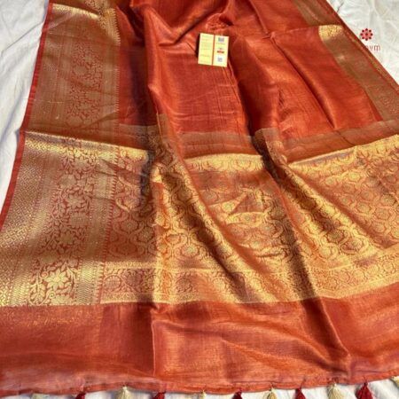 Buy Online Burnt Orange Pure Linen Banarasi Saree