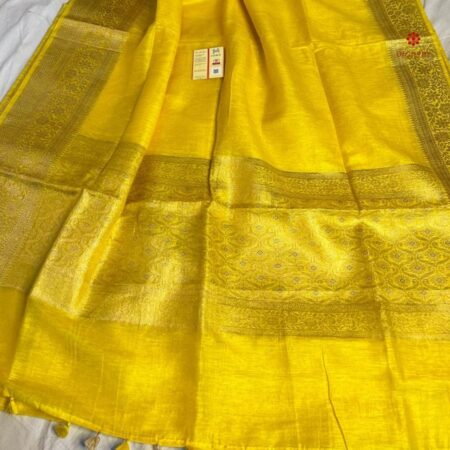 Bright Yellow Pure Linen Banarasi Saree
