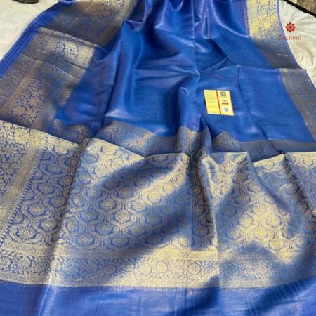 Buy Online French Blue Pure Linen Banarasi Saree