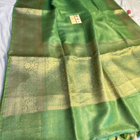 Buy Online Green Pure Linen Banarasi Saree